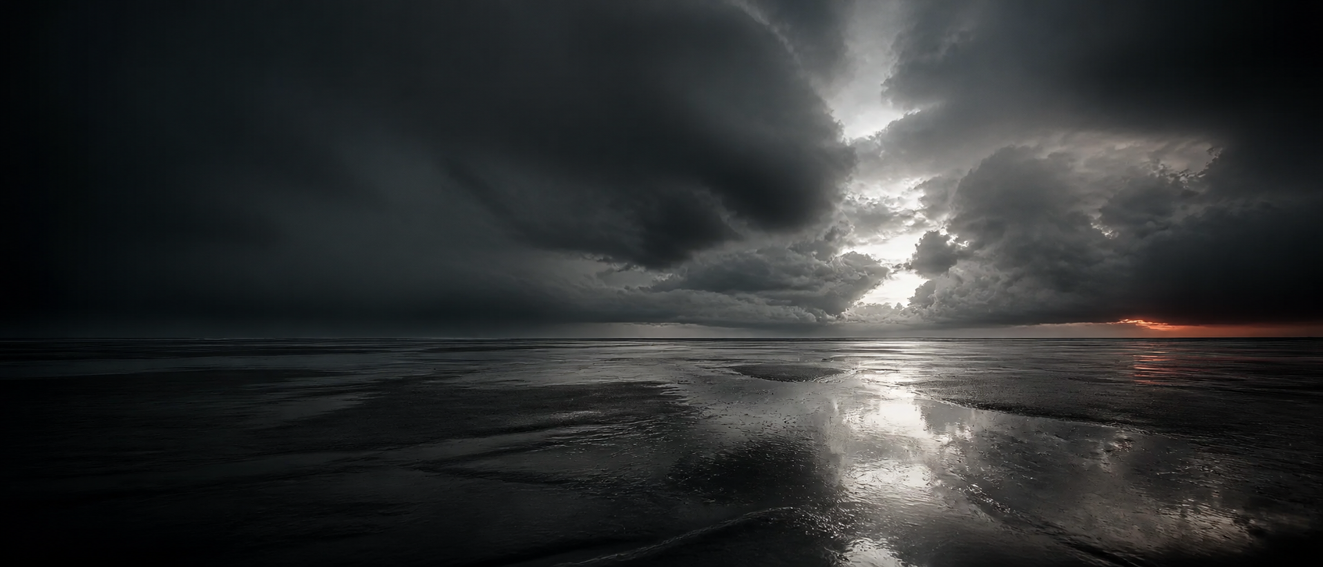 Storm light reflected across dark tidal flats