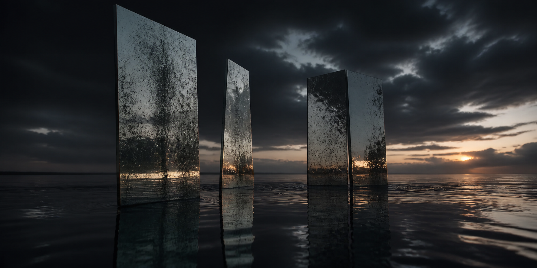 Weathered mirrors reflecting storm light over shallow water